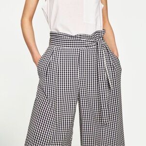 Zara Trafaluc Silky Black & White Checked Wide Leg Cropped Pants